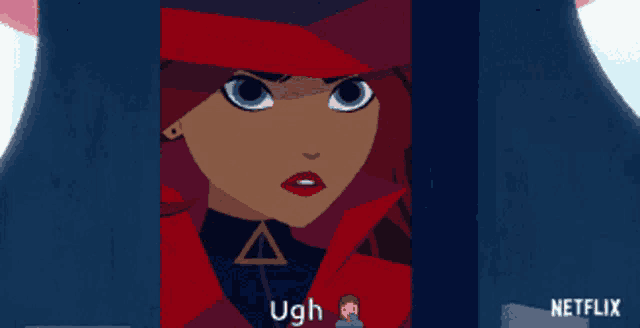 a cartoon of a woman in a red hat says ugh on the bottom
