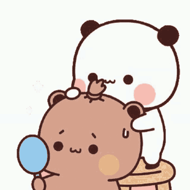 a cartoon panda is brushing another panda 's hair while looking at himself in a mirror .