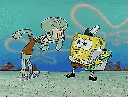 a cartoon of spongebob and squidward standing next to each other on the beach