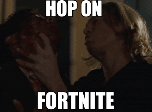a man with blood on his face is screaming with the words hop on fortnite below him
