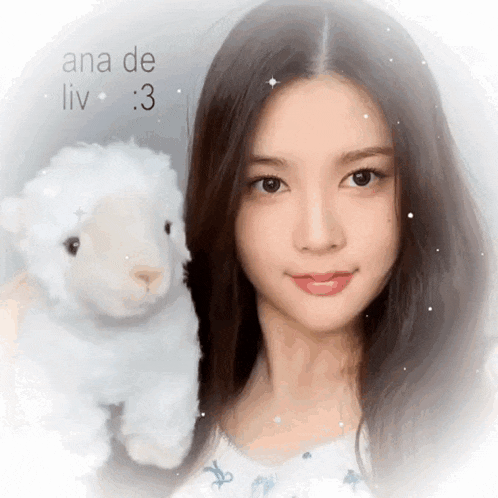 a woman is holding a stuffed sheep with the words ana de liv written above her