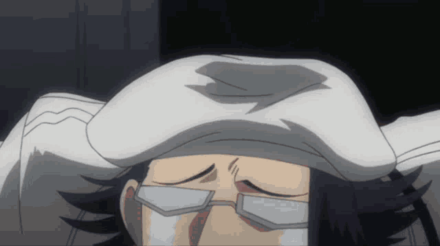 a cartoon character with glasses and a white hat is laying down with his eyes closed