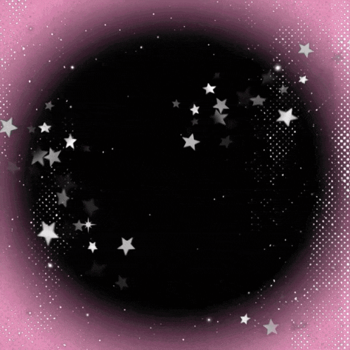 a pink and black background with white stars and a black circle