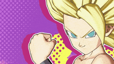 a cartoon character with blonde hair and blue eyes is making a fist