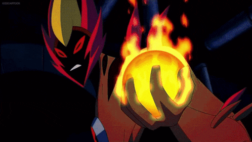 a cartoon character is holding a ball of fire in his hand
