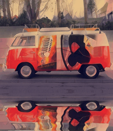 a red and white van with a microphone on it