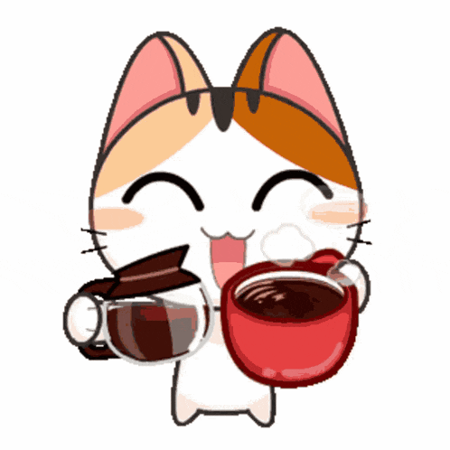 a cartoon cat is holding a cup of coffee and a coffee pot