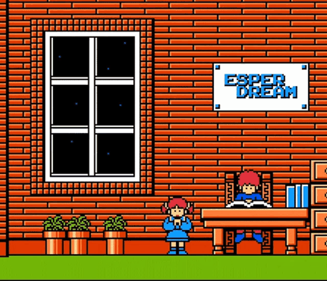 a girl sits at a table in front of a brick wall with a sign that says esper dream