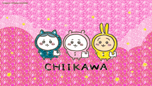 three cartoon characters standing next to each other on a pink background with the word chiikawa in black letters