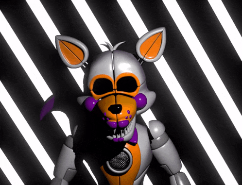 a white and orange robot with a purple nose is standing in front of a black and white stripped background