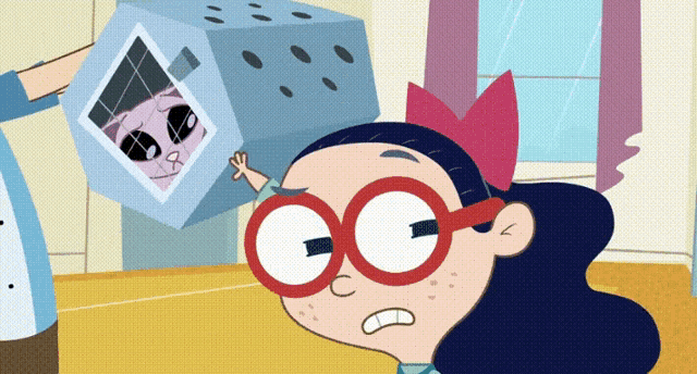 a cartoon girl wearing red glasses is holding a cube with a picture of a cat on it