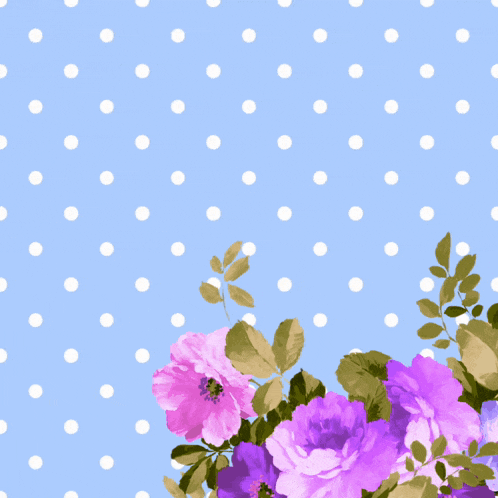 a blue background with white polka dots and purple flowers with arabic writing