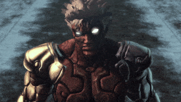 a video game character with glowing eyes and a red chest