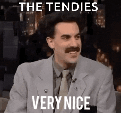 a man with a mustache is wearing a suit and tie and says the tendies very nice .