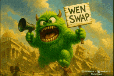 a green monster holds a sign that says wen swap