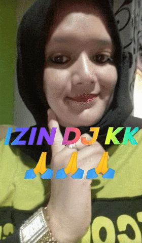 a woman wearing a hijab and a watch is smiling with the words izin dj kk behind her