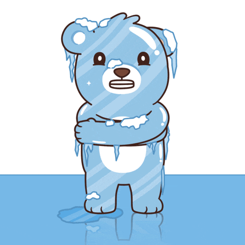a cartoon drawing of a teddy bear covered in ice and icicles