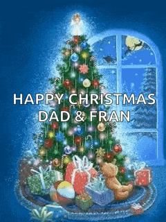 a christmas tree with gifts underneath it and the words `` happy christmas dad & fran '' written on it .
