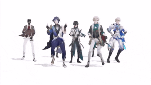 a group of anime characters are dancing in a row