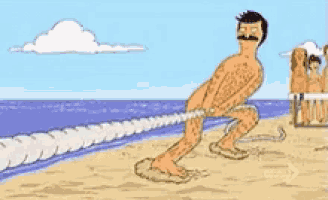 a naked man is pulling a rope on the beach