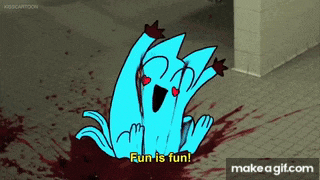 a cartoon character is sitting on the floor in a bathroom with blood coming out of it .