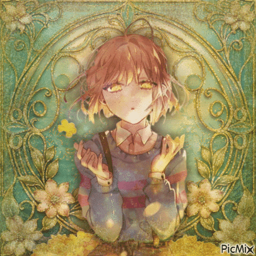 a picture of a girl with flowers and a picmix watermark
