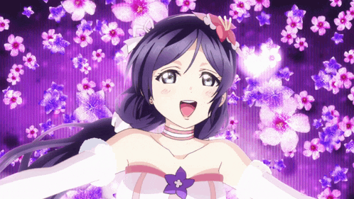 a girl in a white dress with a purple flower in her hair is surrounded by purple flowers