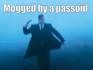 a blurred image of a man in a suit and tie with the caption mogged by a passoid