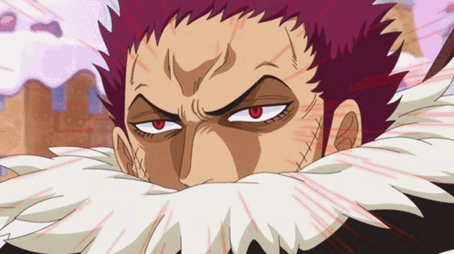 a close up of a cartoon character with red eyes and a white beard