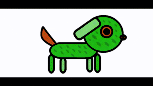 a cartoon drawing of a green creature with a red tail