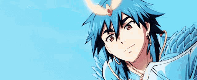 a close up of a cartoon character with blue hair and a crown on his head