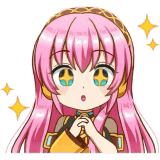 a cartoon girl with pink hair and blue eyes is wearing headphones and a headband .