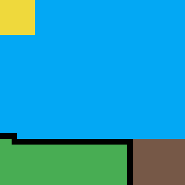 a blue background with a yellow square in the middle and a brick in the corner .