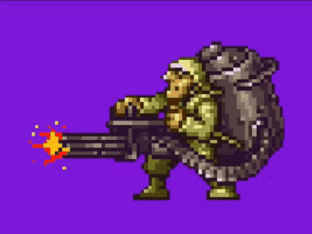 a pixel art of a man holding a machine gun