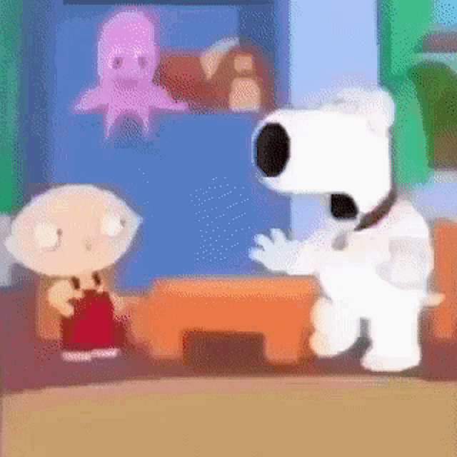 a cartoon of stewie and brian from the family guy standing next to each other in a living room .
