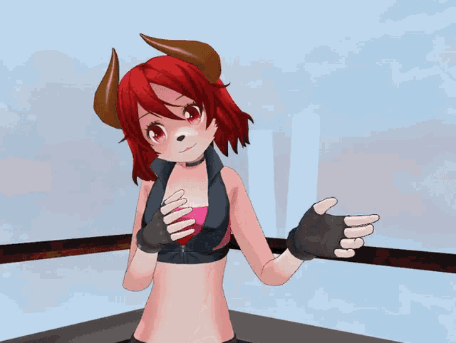 a cartoon girl with red hair and horns is pointing up