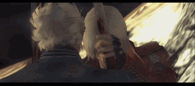 a man holding a sword in a video game with the word devil on the back of his jacket
