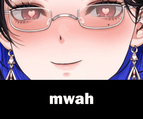 a close up of a woman 's face with the word mwah written below it