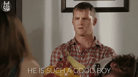 a man in a plaid shirt is standing next to a bowl of fruit with the words he is such a good boy below him