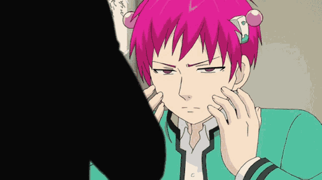 a cartoon character with pink hair has the letter c on his chest