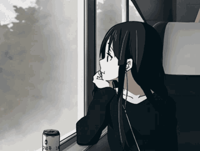a girl is looking out of a window with a can of coffee on the ledge