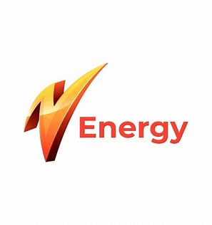 a red and orange logo for energy with a yellow arrow on a white background