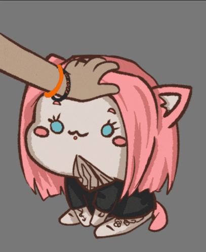 a cartoon drawing of a cat with pink hair being petted