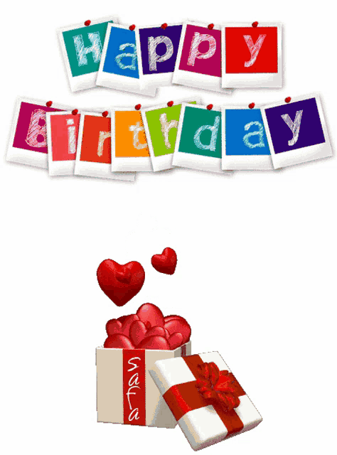 a birthday greeting card with hearts and a gift box