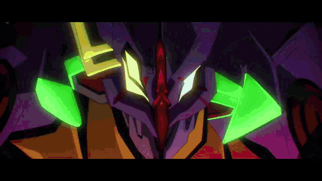 a close up of a robot 's face with glowing green arrows pointing in opposite directions