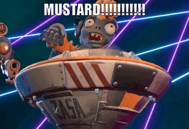 a cartoon character in a spaceship with the word mustard written on it