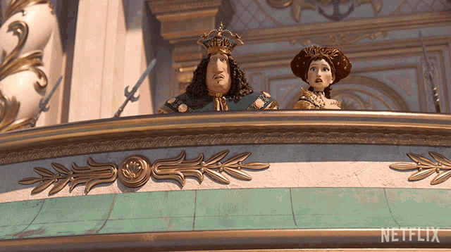 a king and queen standing on a balcony with netflix written on the bottom