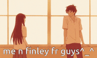 a boy and a girl are standing next to each other with the words me n finley fr guys written below them