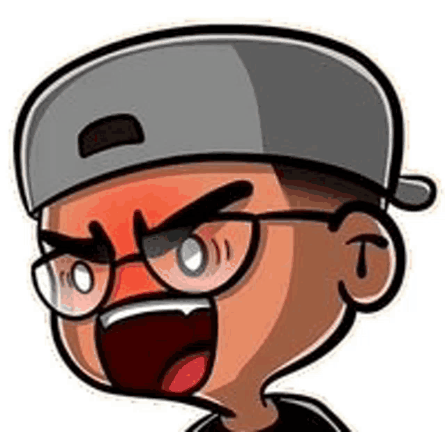 a cartoon of a boy wearing glasses and a hat with an angry face .