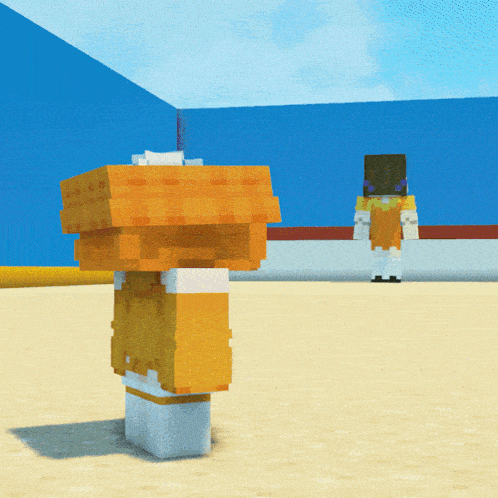 a minecraft character with a yellow shirt and white socks is walking